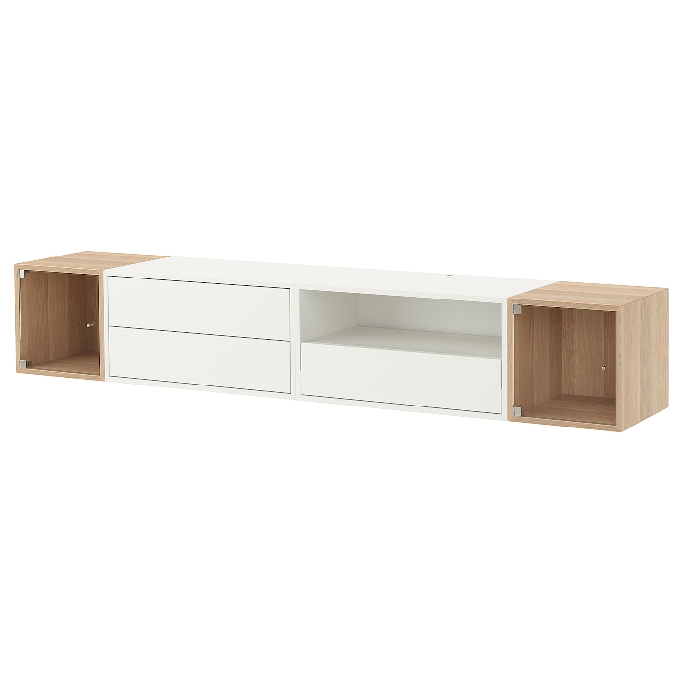 IKEA EKET szafka na TV,hifi, biały/dąb bejcowany na biało szkło bezbarwne, 210x35x35 cm