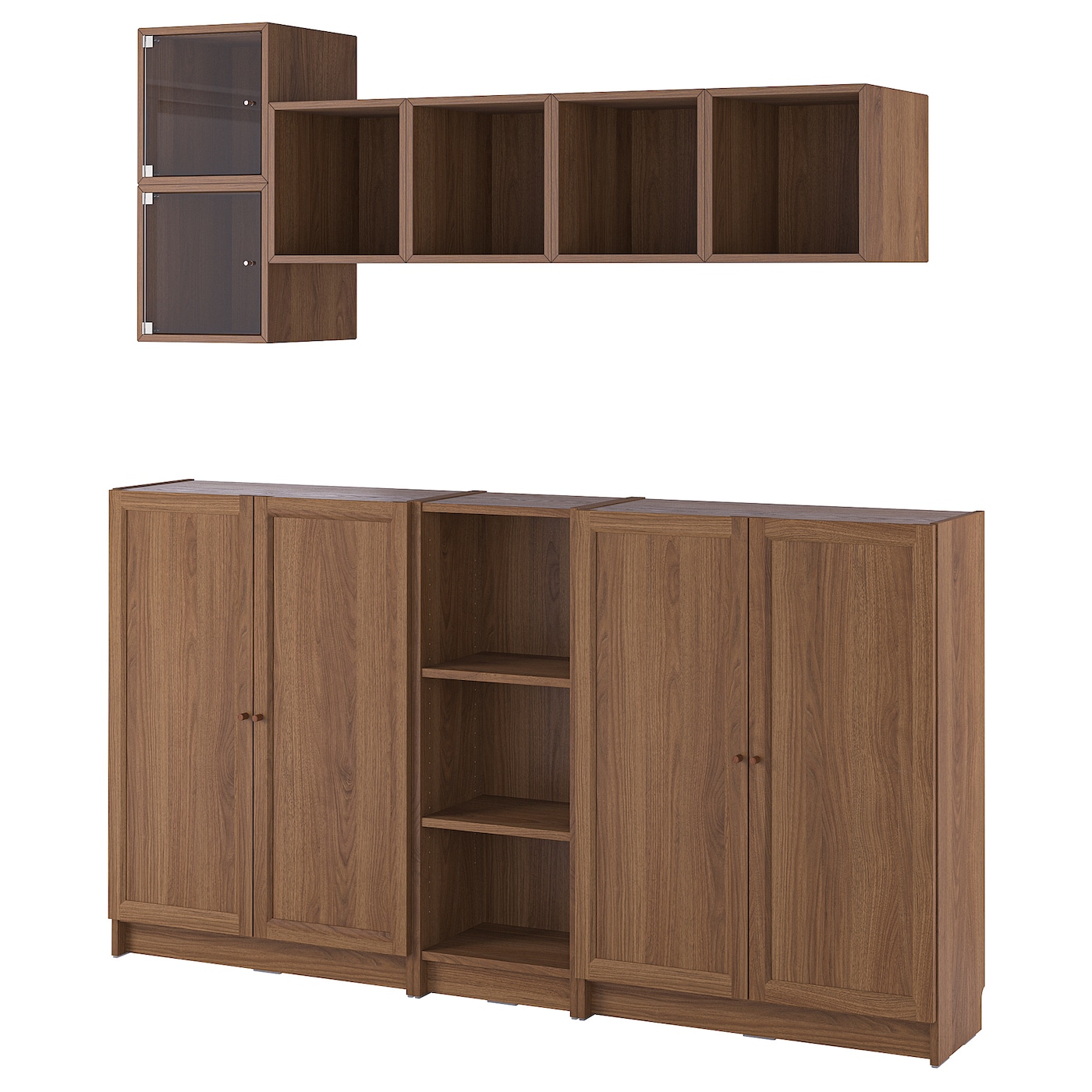 IKEA BILLY / EKET kombinacja z drzwiami, brązowy orzech/szkło bezbarwne, Szerokość: 200 cm