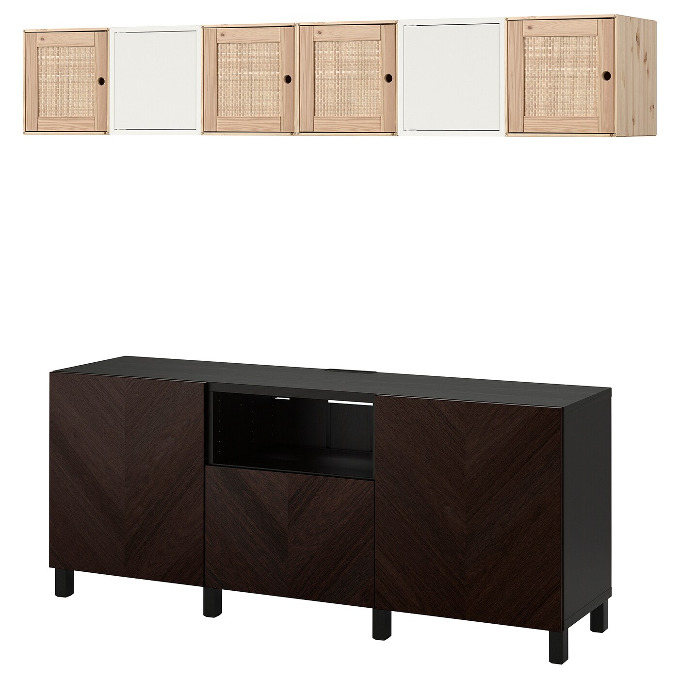 IKEA BESTÅ / EKET kombinacja szafek pod TV, czarnybrąz sosna/ciemnobrązowy bejcowana okleina dębowa, 210x42x220 cm