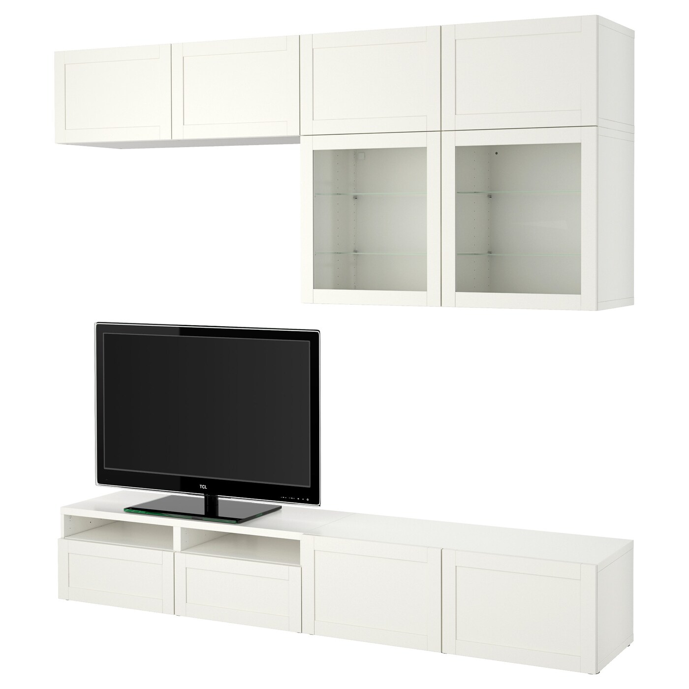IKEA BESTÅ kombinacja na TV/szklane drzwi, biały/Hanviken białe szkło przezroczyste, 240x42x231 cm