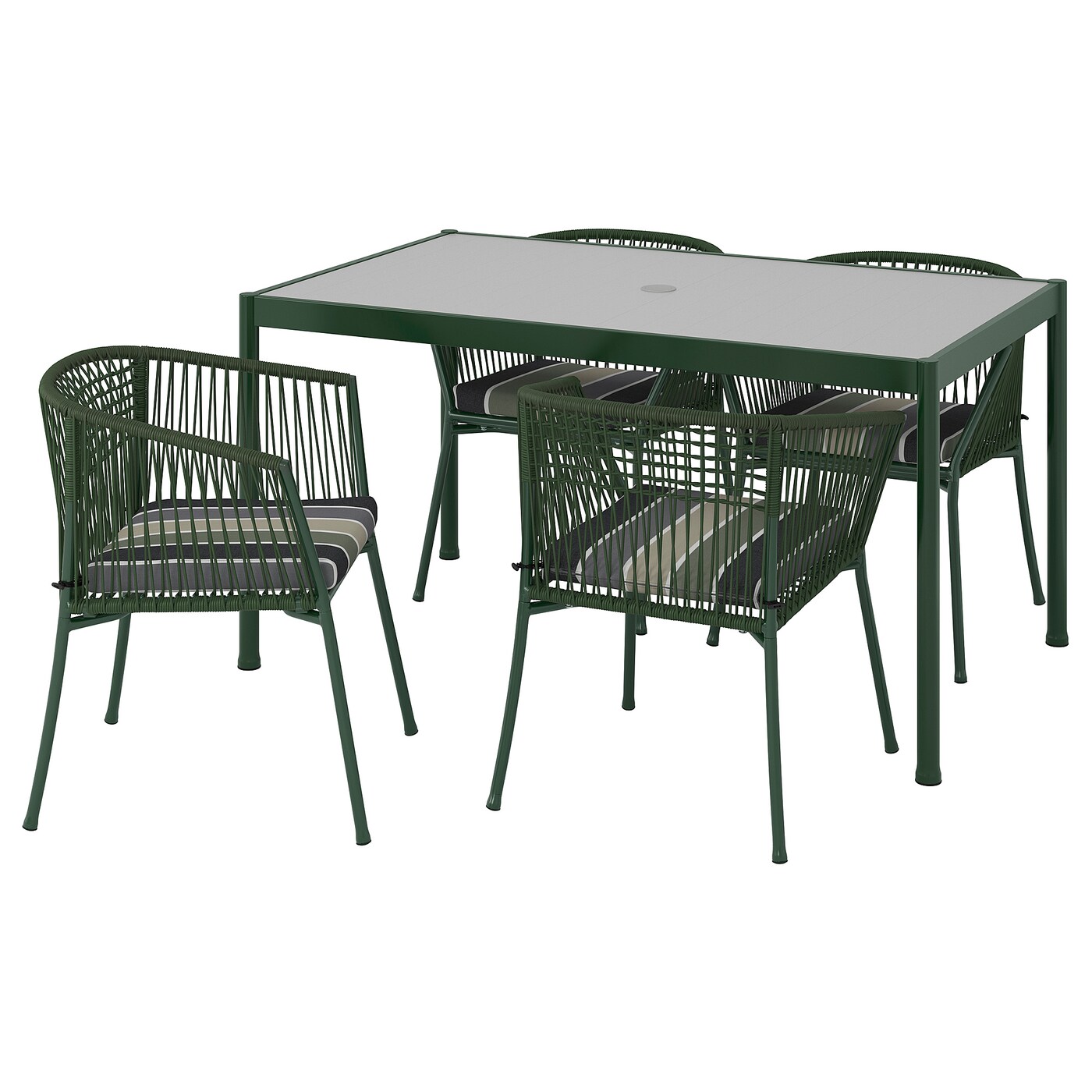 IKEA SEGERÖN stół + 4 krzesła z podłokietnikami, Segerön zewnętrzne ciemnozielony/Frösön/Duvholmen wzór w paski, 147 cm