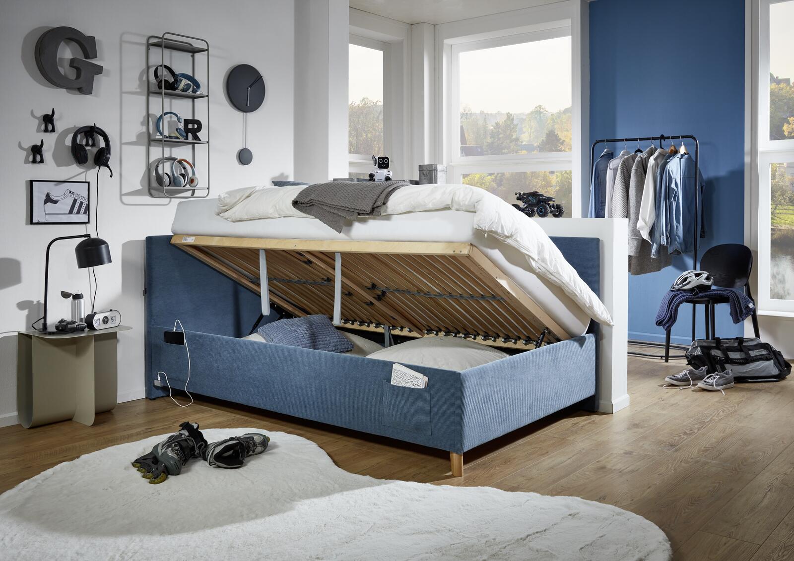Tapicerowane łóżko dziecięce ze stelażem, space 120 - Coll blue