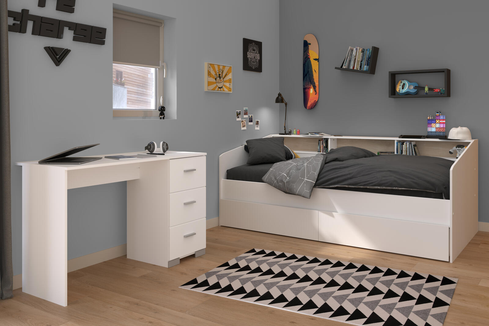 Łóżko dziecięce z szufladami i biurkiem Sleep white boy