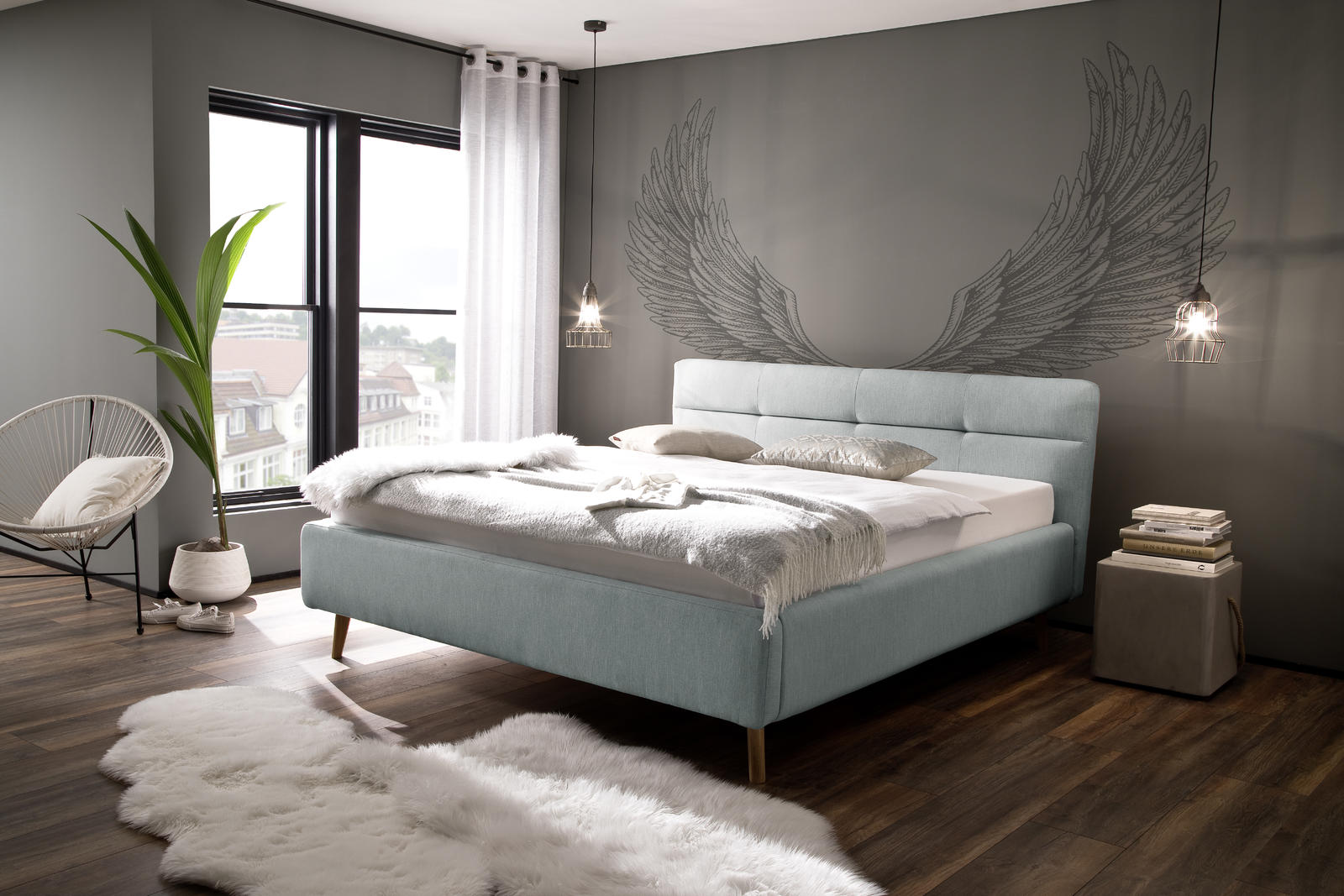 Łóżko tapicerowane z pojemnikiem 180 Latti ice blue