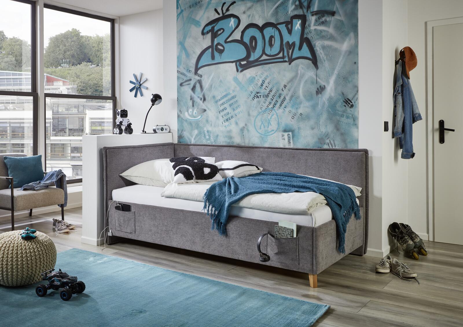 Łóżko dziecięce tapicerowane ze stelażem 120 - Fun grey