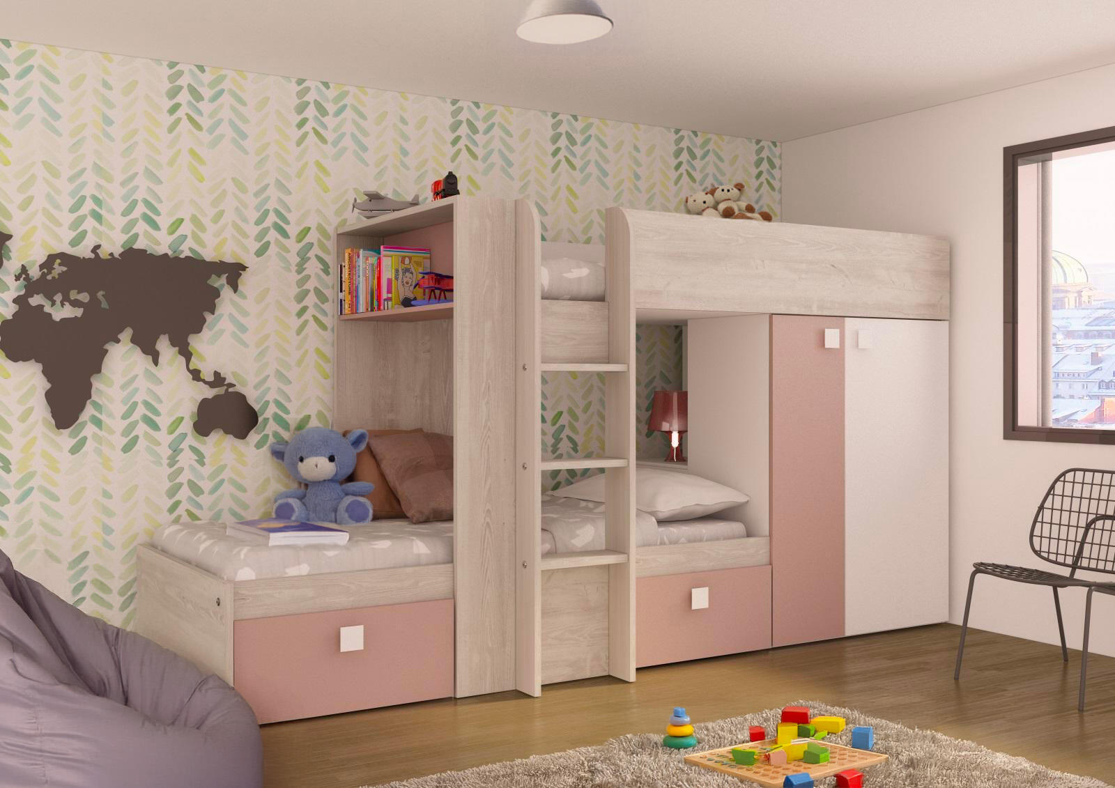 Łóżko piętrowe dla dwójki dzieci Bo1 90x200 – pudrowo różowy