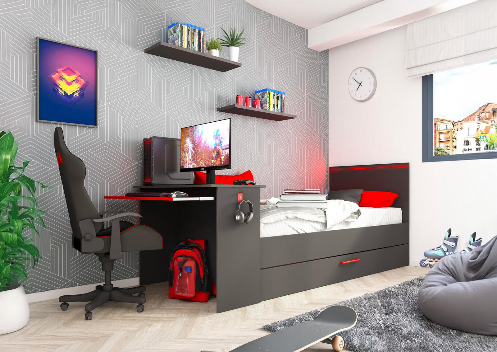 Wielofunkcyjne łóżko z biurkiem dla dwojga On - line Zone black