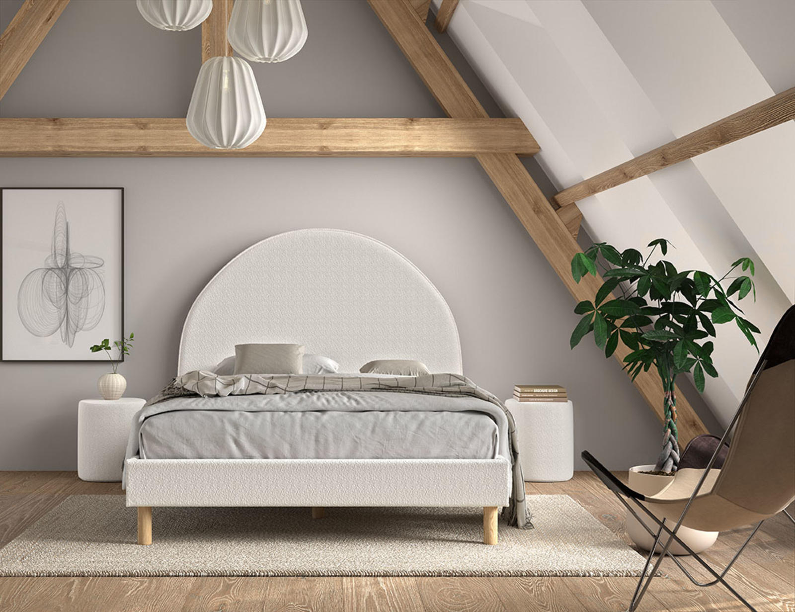 Łóżko tapicerowane z tapicerowanymi stolikami Sun - Puff white
