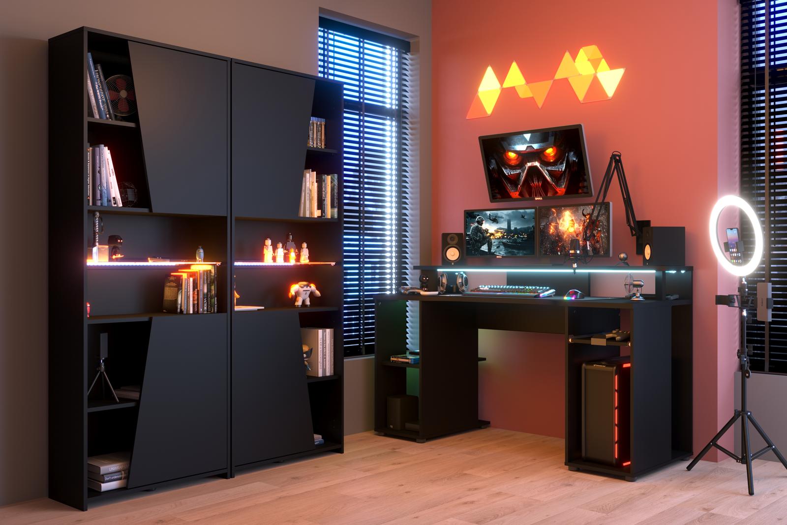 Biurko komputerowe do gier z półkami Level, Gaming czarne