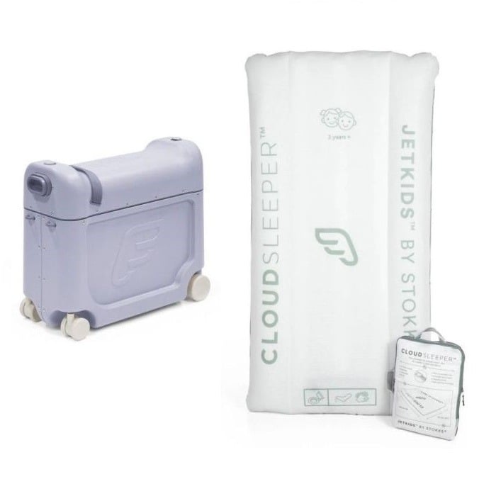 Stokke Jetkids Bedbox New - walizka na kółkach dla dzieci-Arctic Blue + dmuchane łóżeczko CloudSleeper gratis!