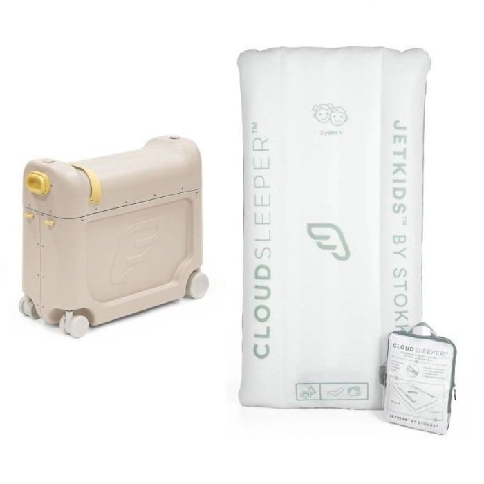 Stokke Jetkids Bedbox New - walizka na kółkach dla dzieci-Moonglow White + dmuchane łóżeczko CloudSleeper gratis!