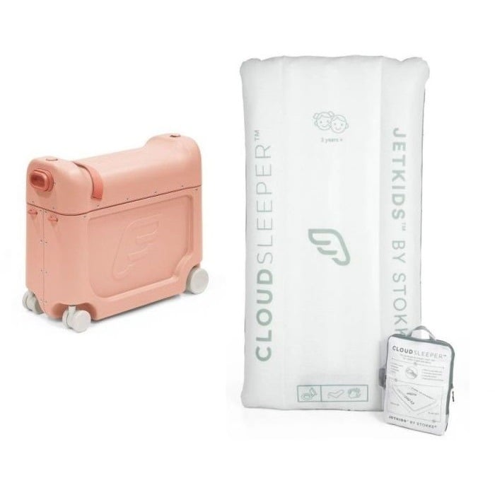 Stokke Jetkids Bedbox New - walizka na kółkach dla dzieci-Coral Pink + dmuchane łóżeczko CloudSleeper gratis!