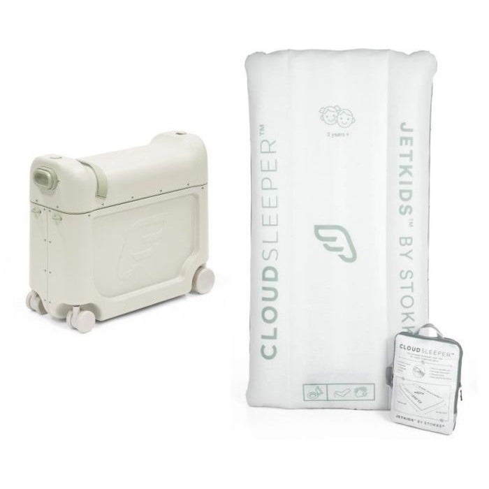 Stokke Jetkids Bedbox New - walizka na kółkach dla dzieci-Sea Green + dmuchane łóżeczko CloudSleeper gratis!