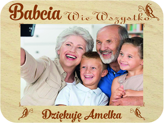 Prezent dla Babci ramka na zdjęcie, drewniana kartka z życzeniami IMIĘ grawer