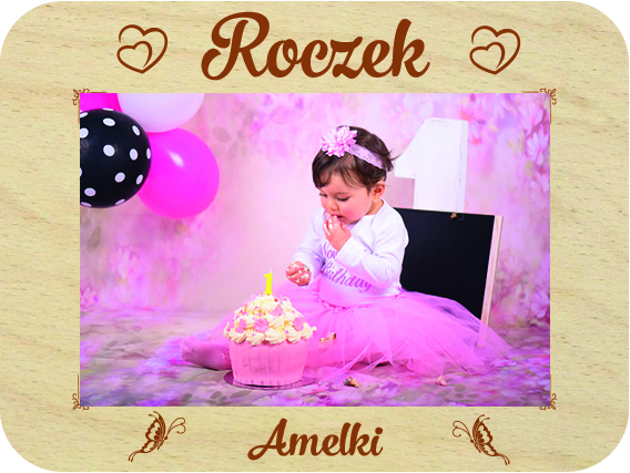 Prezent dla Chrzestnych metryczka podziękowanie pamiątka 1 urodzin maluszka ramka na zdjęcie Roczek, drewniana kartka z życzeniami IMIĘ grawer