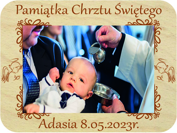 Pamiątka Chrztu Świętego prezent dla Chrzestnych podziękowanie ramka na zdjęcie Chrzest Święty, drewniana kartka z życzeniami IMIĘ grawer