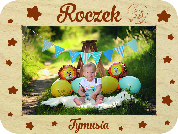 Prezent dla Chrzestnych metryczka podziękowanie pamiątka 1 urodzin maluszka ramka na zdjęcie Roczek, drewniana kartka z życzeniami IMIĘ grawer