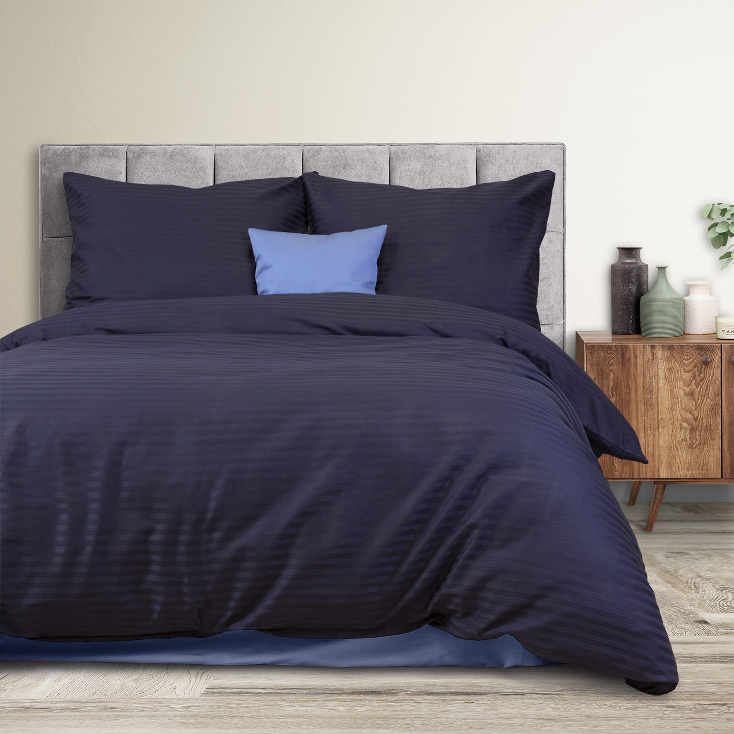 Pościel bawełniana 180x200 satyna pasy navy blue
