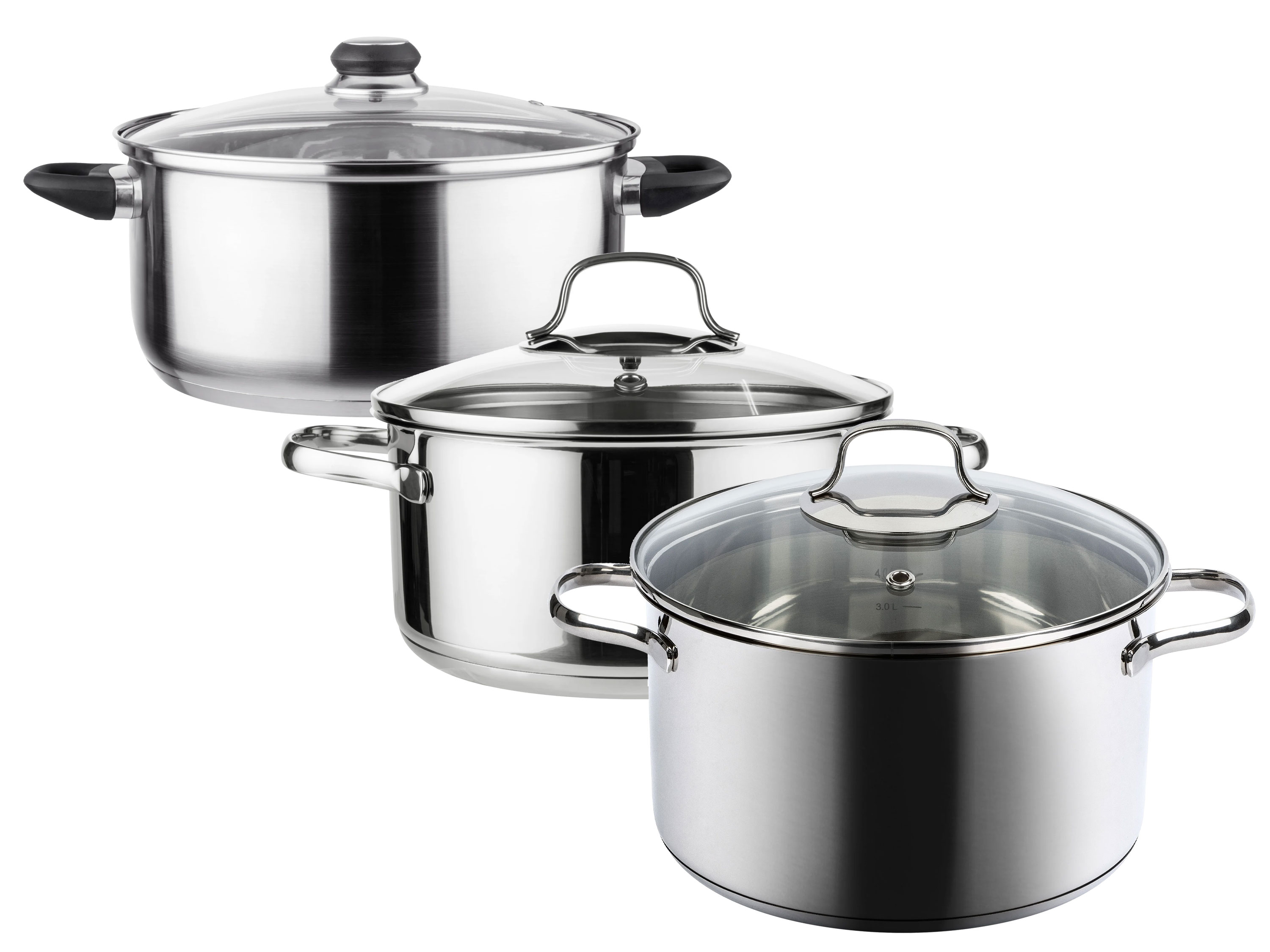 Livarno home Zestaw 3 garnków ze stali szlachetnej z pokrywkami, Ø 28, 24, 20 cm