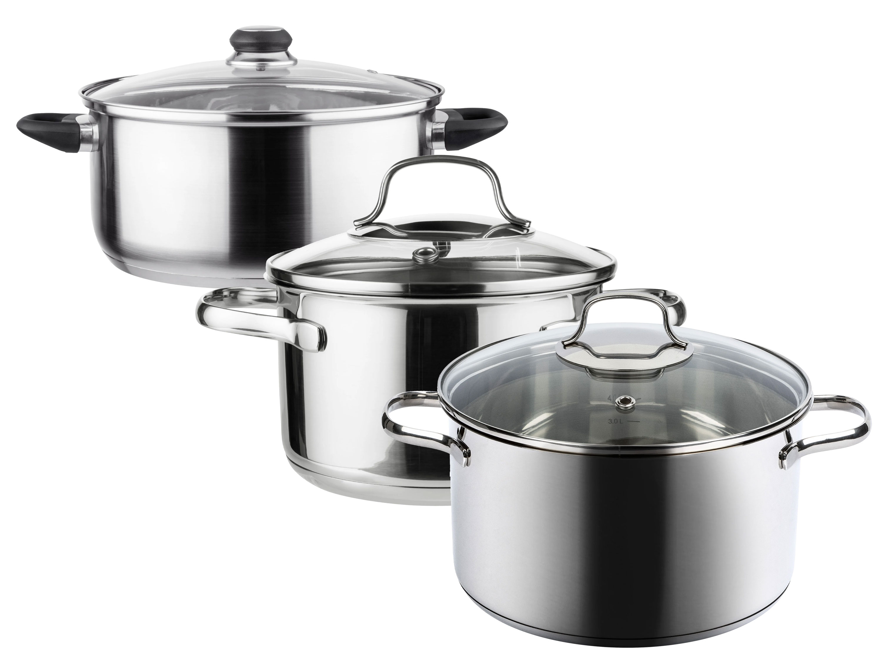 Livarno home Zestaw 3 garnków ze stali szlachetnej z pokrywkami, Ø 28, 24, 16 cm