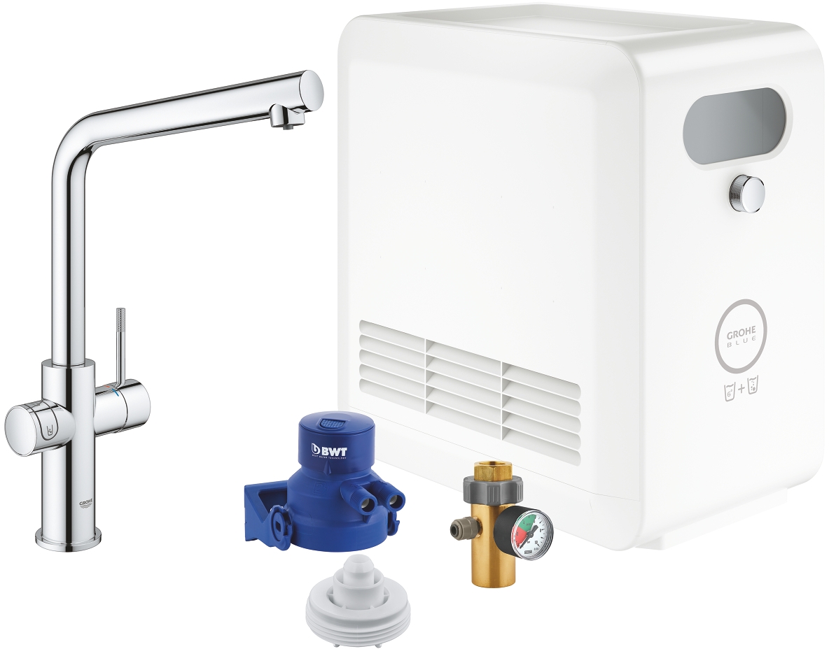 Darmowa Dostawa - Zestaw startowy z baterią kuchenną stojąca starlight chrome Grohe Blue 31347003