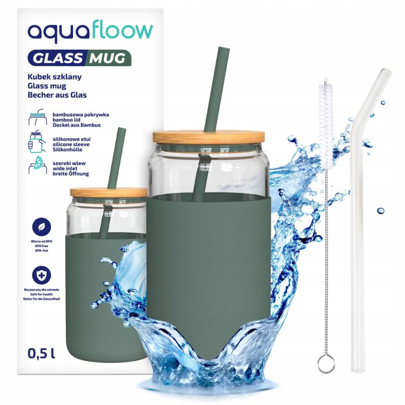 Kubek na napoje, Aquafloow, 500ml, z etui, pokrywką, 2 słomkami, czyścikiem, oliwkowy, 5szt