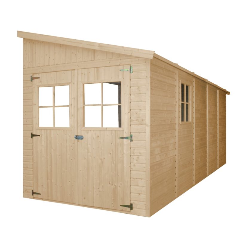 Drewniany domek ogrodowy Timbela 9,9 m² M341 Konstrukcja panelowa, z trzech ścian, grubość deski 17 mm, 1 szt.