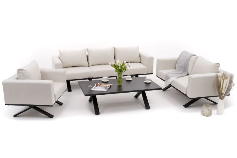 Zestaw mebli ogrodowych fotel sofa kanapa New Home MARABELLA beżowo czarny aluminiowy z blatem z płyty HPL 1 kpl