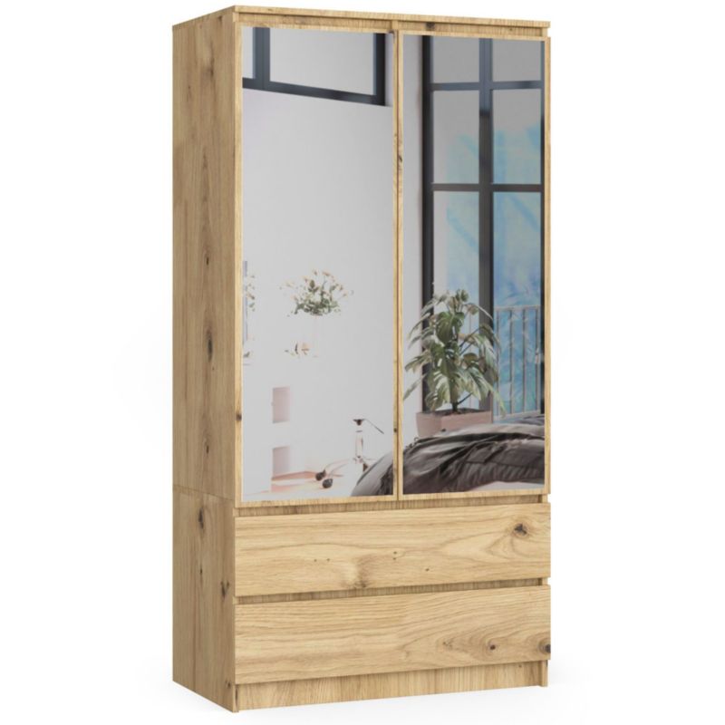 Szafa Akord S90 Dąb Artisan 90 cm z lustrem 2 drzwi 2 szuflady kolor Dąb Artisan mat 4 półki 90x51x180 cm 1 szt.