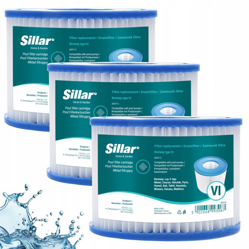 Filtr basenowy, Sillar, do pomp basenowych, spa, jacuzzi, zamiennik Bestway Lay-Z-Spa 60311, 3szt