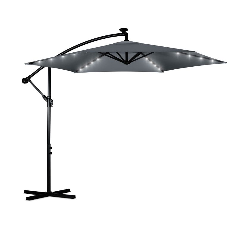 Parasol ogrodowy Plonos składany z wysięgnikiem 350 cm + pokrowiec lampki LED szary 1 szt.