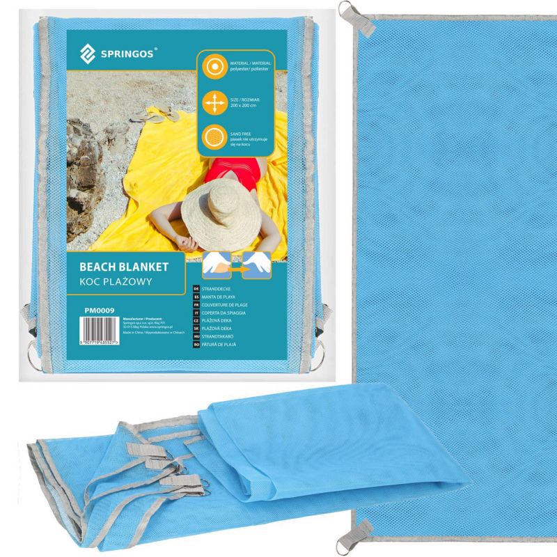 Koc plażowy sand free Springos 200x200 cm mata plażowa dwuwarstwowa niebieska 1 szt.