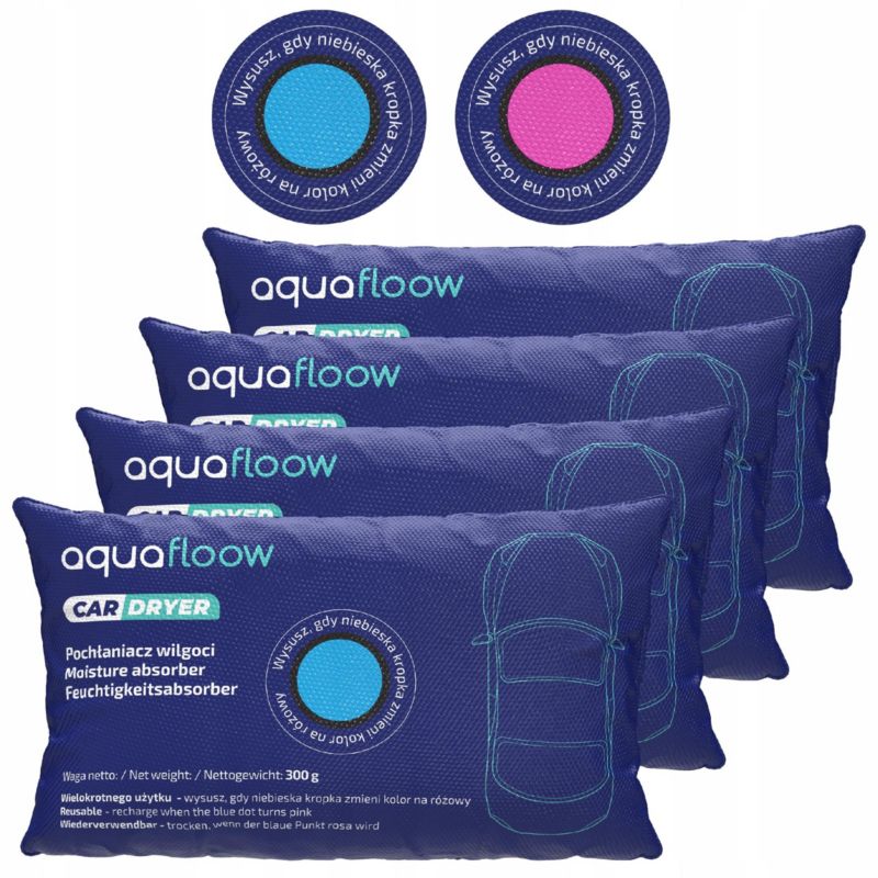 Pochłaniacz wilgoci, Aquafloow, do samochodu, domu. ze wskaźnikiem, odnawialny, 300g, 4szt