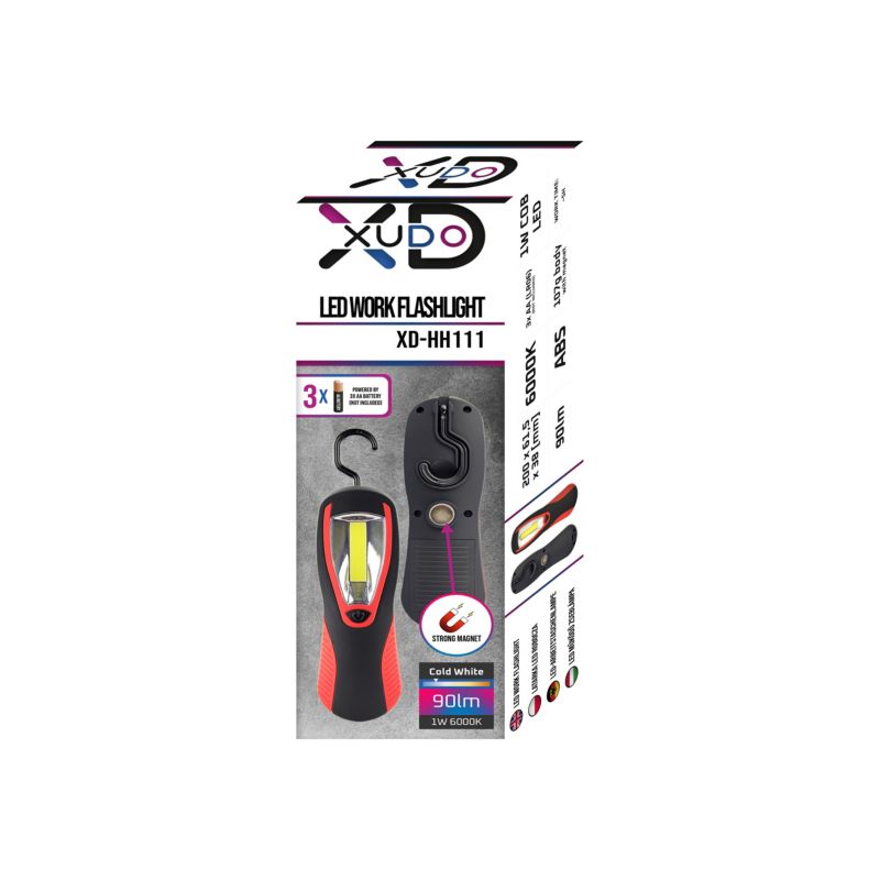 Latarka LED robocza XUDO 1W COB 3xAA z magnesem i hakiem Czerwono-czarna 1 szt.