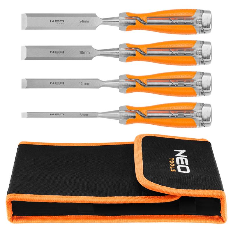 Dłuta NEO TOOLS 6, 12, 18, 24mm zestaw 4 szt. uchwyt dwukomponentowy, etui 1 kpl