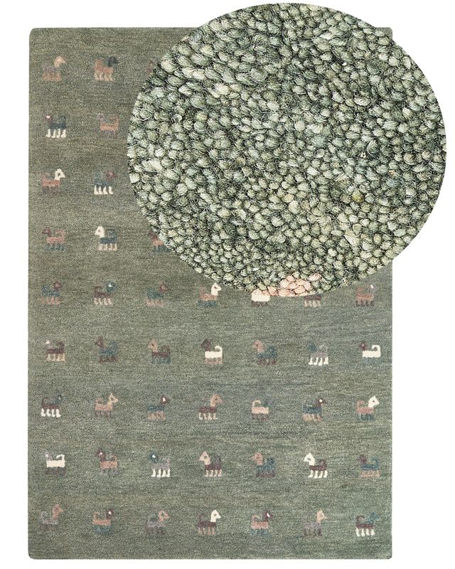 Dywan wełniany gabbeh ze wzorem w zwierzęta 140 x 200 cm zielony Kizarli 1 szt.