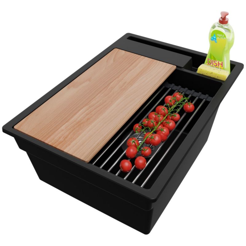 Zlewozmywak Oslo Pocket PRIMAGRAN Nablatowy 38x53cm do szafki od 40cm z Syfonem i Dodatkiem Czarny 1 szt.