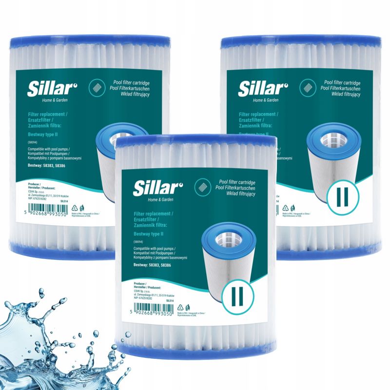 Filtr basenowy, Sillar, do pomp basenowych, spa, jacuzzi, zamiennik do Bestway Typ 2 58386, 3szt