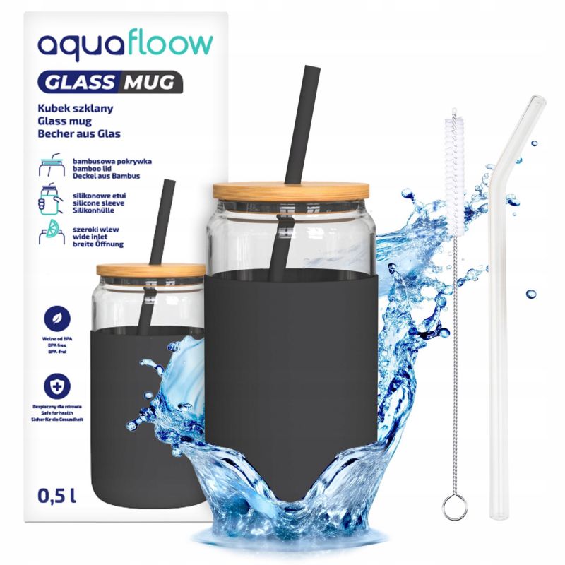 Kubek na napoje, Aquafloow, 500ml, z etui, pokrywką, 2 słomkami, czyścikiem, czarny, 5szt