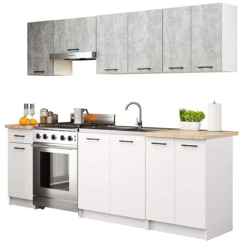 Zestaw kuchenny Akord Oliwia 2.4m Szary Beton 240 cm 11 drzwi 1 szuflada kolor Biały mat 12 półek 240x46x203 cm 1 zestaw
