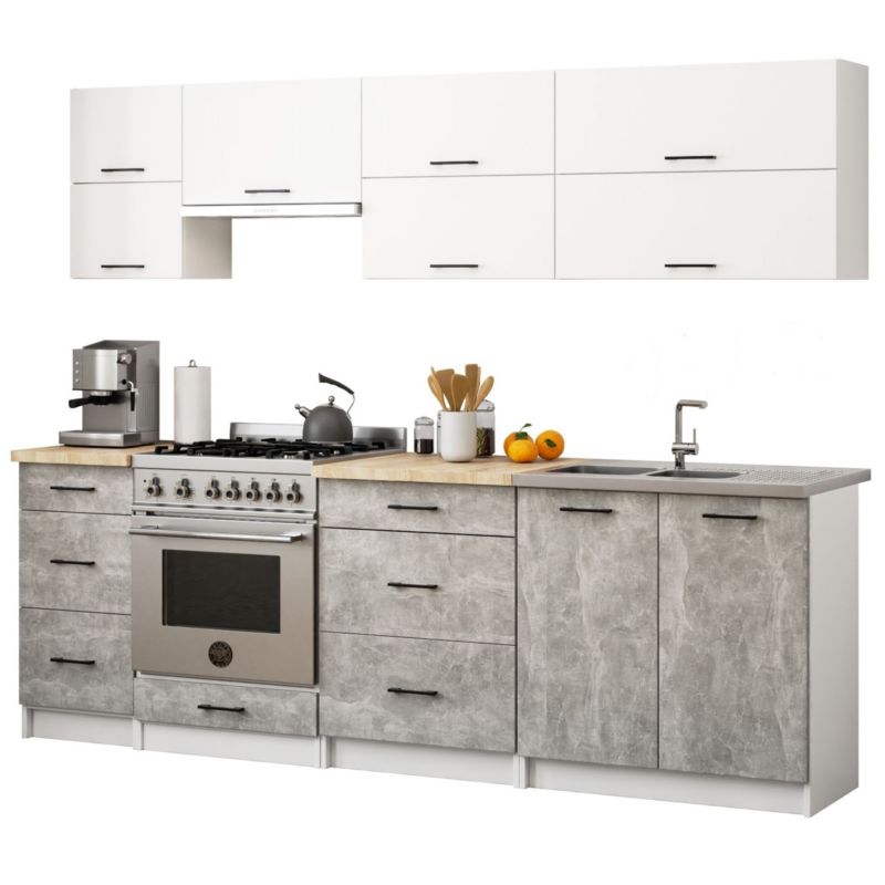 Zestaw kuchenny Akord Oliwia G2 2.4m Biały 240 cm 10 drzwi 6 szuflad kolor Beton mat 9 półek 240x46x203 cm 1 zestaw