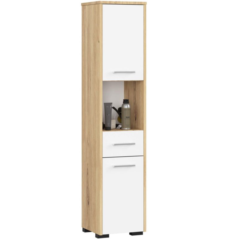 Słupek łazienkowy Akord Fin Dąb Artisan 30 cm 2 drzwi 1 szuflada kolor Biały mat 5 półek 30x30x140 cm 1 szt.