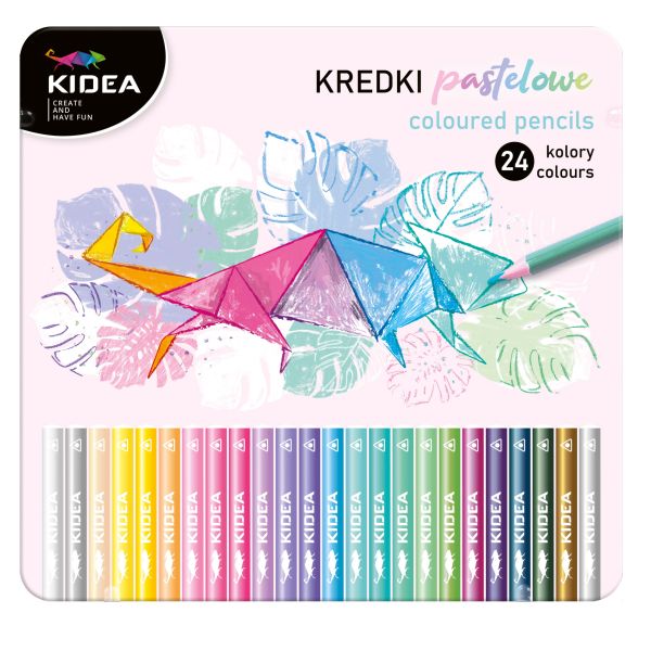 Kredki Pastelowe Trójkątne W METALOWYM PUDEŁKU 24 KOLORY KIDEA