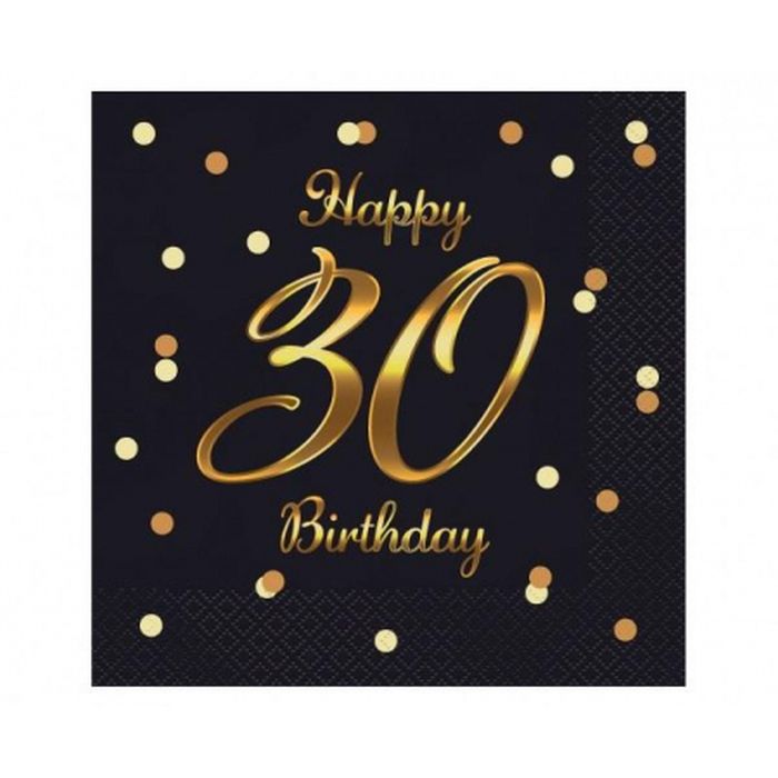 Serwetki B&C Happy 30 Birthday, czarne, nadruk złoty, 33x33 cm/ 20 szt