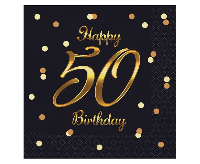Serwetki B&C Happy 50 Birthday, czarne, nadruk złoty, 33x33 cm/ 20 szt Godan