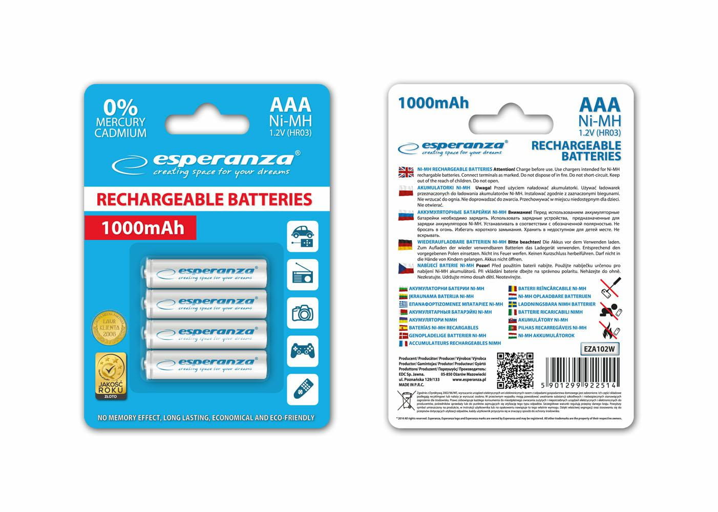 ESPERANZA Akumulator R3 AAA op-4 1000mAh EZA102W BIAŁE - Henryx24