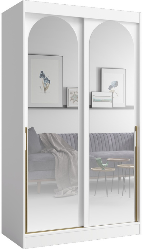 Szafa przesuwna MORIN z lustrami biała, 120 cm, drzwi przesuwne, złote uchwyty