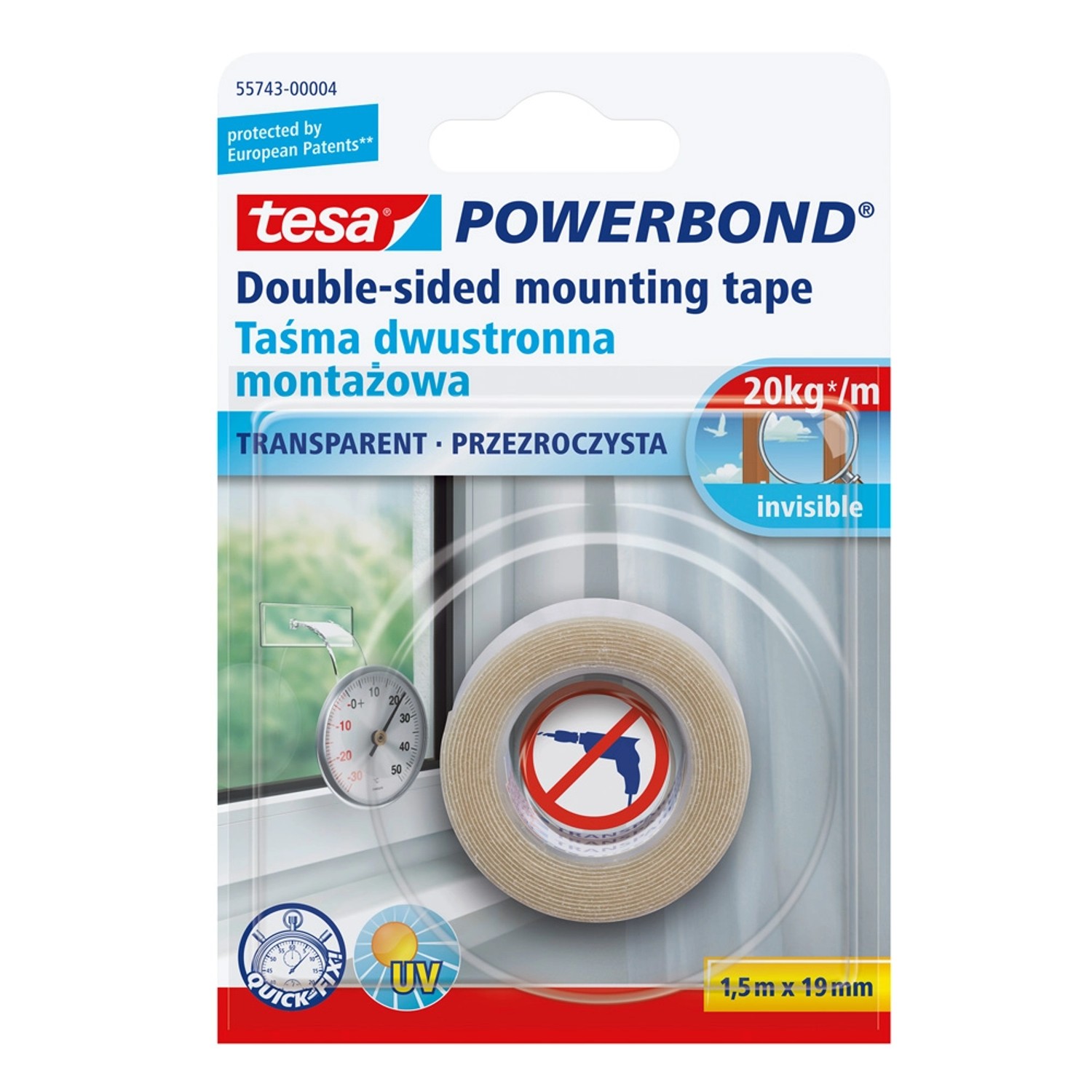Tesa Taśma montażowa transparentna Powerbond 1,5 m x 19 mm