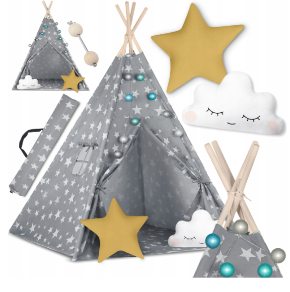 Namiot tipi szary w gwiazdki + poduszki + lampki led AL