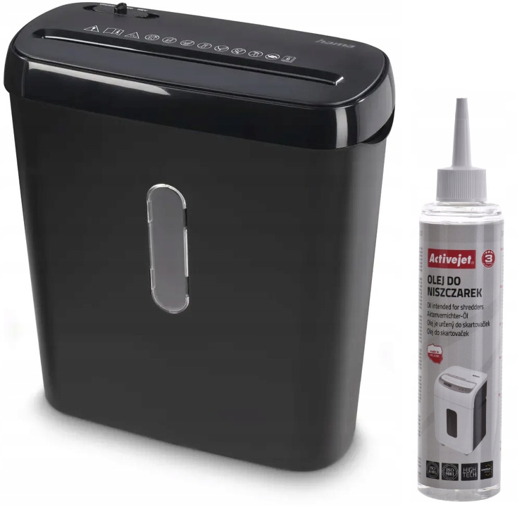Zestaw Niszczarka Hama Basic S6, pasek 6mm, 6 kartek, P-2 DIN, czarny + Olej do niszczarek Activejet ASO-250, 250ml